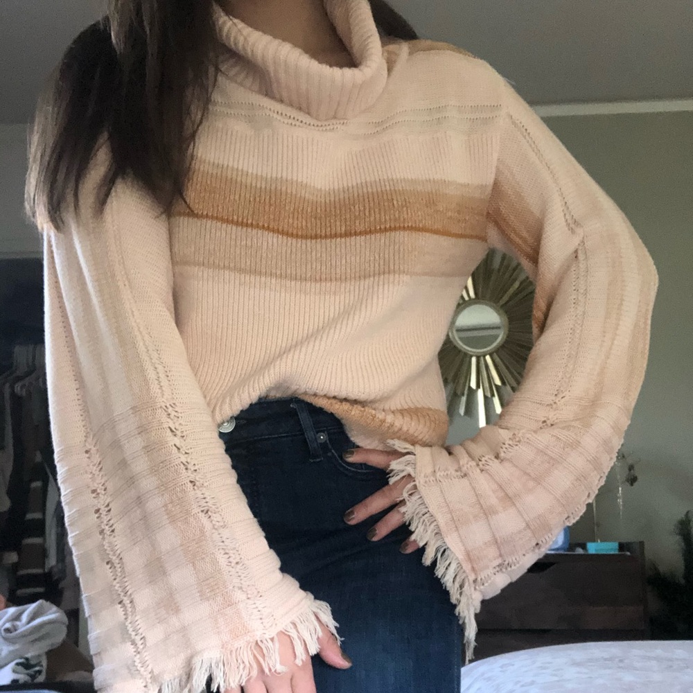 Free People Turtleneck with Fringe Sleeves